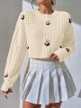 Floral Embroidery Cable Knit Drop Shoulder Sweater