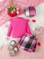 Baby Girls' Solid Color Long Sleeve Top & Plaid Skirt & Hat 3pcs Outfit For Autumn/winter