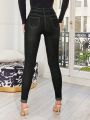 SHEIN Tall Solid Color Slim Fit Denim Pants With Pockets