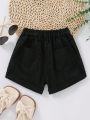 Young Girls' Basic Casual Button Decor Elastic Waistband Rolled Cuff Denim Shorts