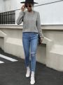 SHEIN Frenchy Solid Cable Knit Sweatshirt