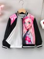 SHEIN Kids EVRYDAY Young Girl Figure Graphic Striped Trim Bomber Jacket Without Tee