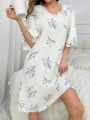 Floral Print Lace Trimmed Bell Sleeve Sleep Dress