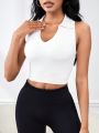 Seamless Short Cropped Sports Tank Top With Foldover Collar