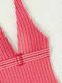 SHEIN Swim Basics Red Striped V-neck One-piece Swimsuit