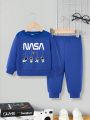 Infant Boys' Casual Letter & Astronaut Printed Simple Long Sleeve Hoodie & Pants Set Suitable For Fall And Winter