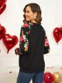 EMERY ROSE Valentine's Day Women Floral Print Drop Shoulder Sweatshirt