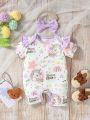 Baby Girls' Cartoon Rabbit Printed Ruffled Romper With Headband