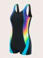 SHEIN Swim SPRTY Ladies' Colorful Printed One-piece Swimsuit With Patchwork