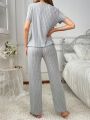 Casual Letter Print Round Neck Ribbed Short Sleeve Pants Pajama Set