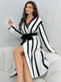 Women's Hooded Striped Belted Robe