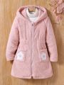 SHEIN Kids QTFun Tween Girl 1pc Floral Embroidery Dual Pocket Hooded Teddy Coat