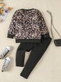 Young Girls' Leopard Print Sweatshirt And Pants Set