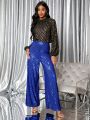 SHEIN BAE Solid Color Sequin Wide Leg Pants