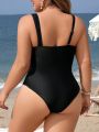 SHEIN Swim Classy Plus Size Women's Metallic Buckle Ruched One-piece Swimsuit