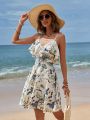 SHEIN VCAY Women's Tropical Leaf Print Ruffle Hem Spaghetti Strap Dress