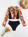 SHEIN Swim SPRTY Flower Print Splice Top With Solid Color Triangular Pants Bikini Set