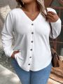 SHEIN LUNE Plus Size Button Design Long Sleeve Casual T-Shirt