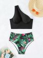 SHEIN Swim Vcay Women's One Shoulder Hollow Out Plant Print Two Piece Swimsuit