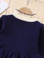 SHEIN Kids Nujoom Young Girl Mock Neck Contrast Lace Striped Trim Sweater Dress