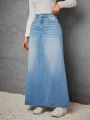 SHEIN Privé High Waist Denim A-Line Skirt With Washed Effect