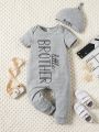 2pcs/Set Baby Boy Casual Letter Print Jumpsuit With Short Sleeves & Long Pants And Hat, Summer