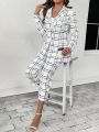 Turn Down Collar Long-Sleeve Plaid Blazer And Pants Set