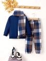 SHEIN Kids EVRYDAY Little Boys' Stand Collar Long Sleeve Sweatshirt And Plaid Pants Matching Scarf Outfits
