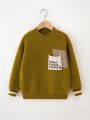 Boys' Casual Pullover Sweater With Text Print Patch Pocket And Round Collar, Winter