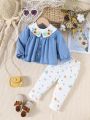 Infant Girls' Contrast Color Embroidered Peter Pan Collar Shirt And Pants Set