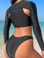 SHEIN Swim SPRTY Women's Solid Color Zipper Closure Slim Fit Swimwear Top Set