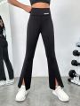 SHEIN Big Girl's Knitted Monogram Pattern Ankle Slit Sports Trousers