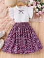 SHEIN Kids EVRYDAY Big Girl'S Small Flying Sleeve Shirt And Floral Skirt