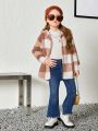 SHEIN Young Girl Buffalo Plaid Pattern Drop Shoulder Hooded Teddy Coat