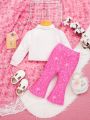 SHEIN Baby Girls' Cute Pattern Printed Long Sleeve Blouse And Bell Bottoms Pants Set