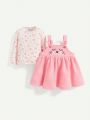 Cozy Cub Baby Girl Heart-shaped Pattern Long-sleeved Top Cartoon Bunny Suspender Dress Two-piece Set