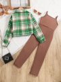 SHEIN Kids EVRYDAY Girls' Plaid Jacket & Jumpsuit Set For Spring