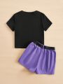 SHEIN Kids HYPEME Tween Girls' Knit Letter Print T-Shirt & Woven Utility Shorts Athletic Casual 2pcs Outfits