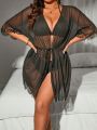 SHEIN Swim Basics Plus Size 1pc See Through Hollow Out Sleeve Hem Kimono