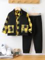 SHEIN Kids HYPEME Young Boy Gingham Print Flap Pocket Vest Jacket & Pants & Shirt