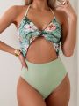 Women's Floral & Botanical Printed Halter One-Piece Swimsuit