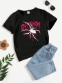Girls' Spider & Letter Printed Round Neck Short Sleeve T-shirt