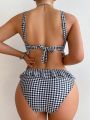 SHEIN DD+ Women'S Two Tone Gingham Ruffle Hem Two Piece Swimsuit Set