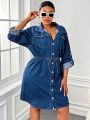 SHEIN SXY Plus Roll Tab Sleeve Belted Denim Dress