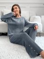 Women's Plain Ribbed Long Sleeve And Long Pant Homewear Set