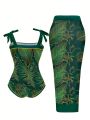 SHEIN Swim Vcay Plus Size Tropical Print One-Piece Swimsuit 2pcs Set