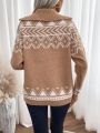 Women's Geometric Pattern Loose Fit Sweater With Zipper And Drop Shoulders