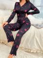 Lip & Heart Pattern Long Sleeve Long Pants Sleepwear Jumpsuit