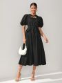 Oxana Women's Black Midi Dress With Puffy Sleeves, Ruffle Skirt Elasticated Waist And Bows
