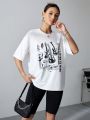 Guitar Slogan Printed Drop Shoulder Short Sleeve T-shirt